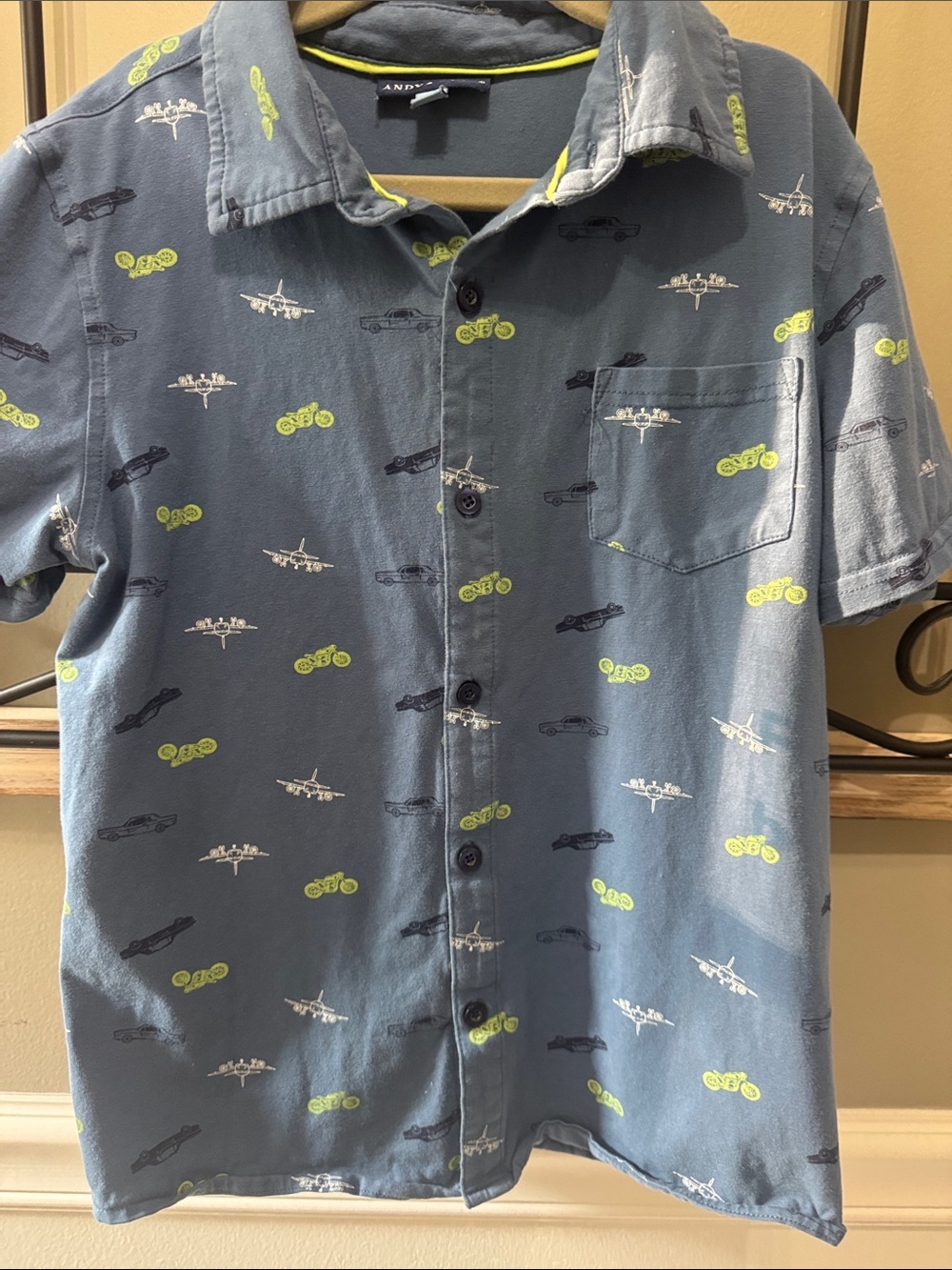 Andy & Evan Blue Short-Sleeve Button Shirt motorcycles, airplanes cars 8 cotton